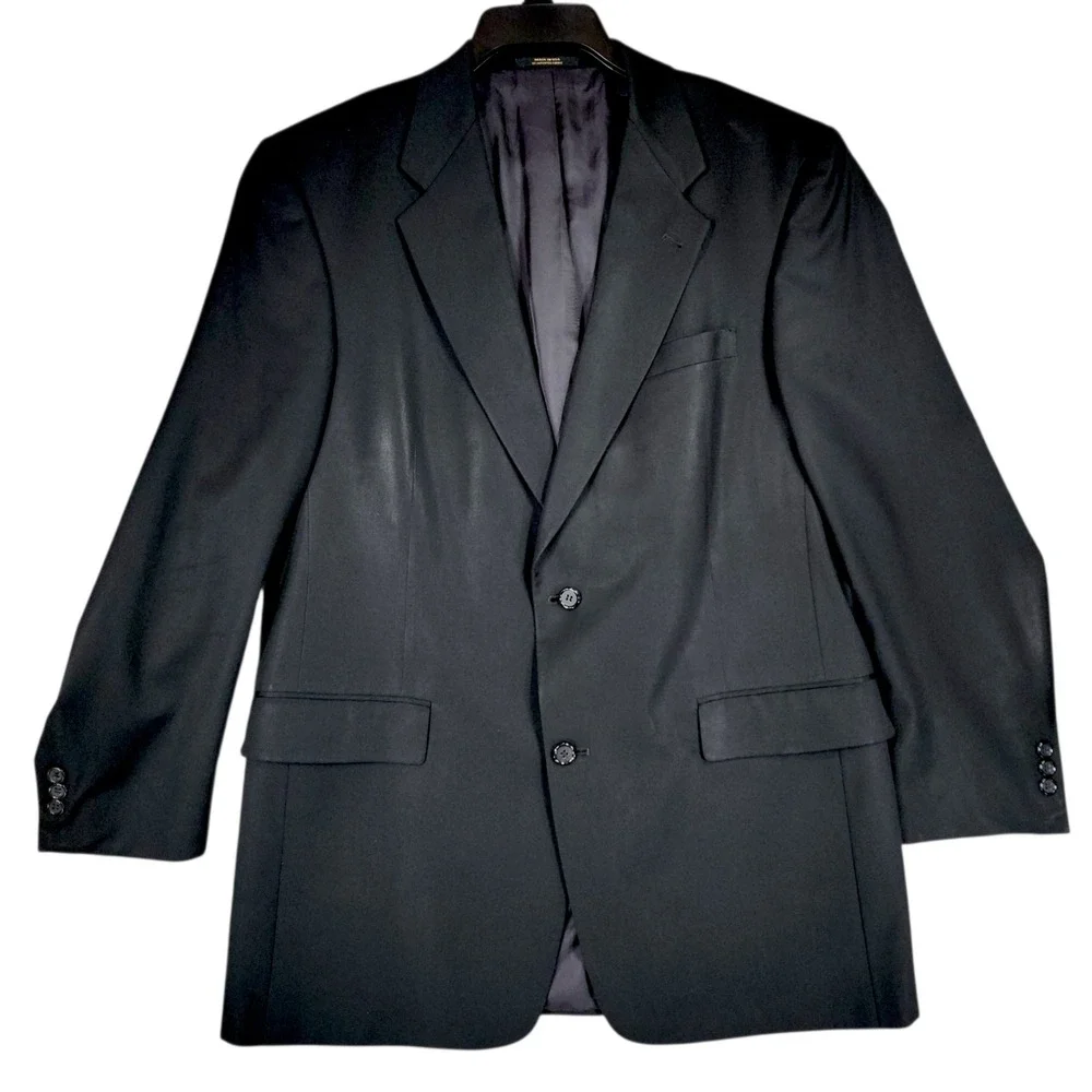 Vtg Hart Schaffner Marx Blazer 41R‎ Men Black Wool Gold Trumpeter Shiny USA